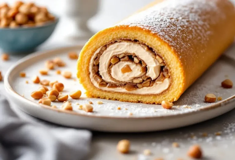 Ce roulé au praliné cache une crème mousseline ultra irrésistible… et un croustillant de noisettes qui fait vraiment craquer